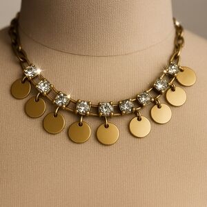 Matte Gold Disc Necklace w/ Crystal Accents Statement  Women’s Jewelry 19"